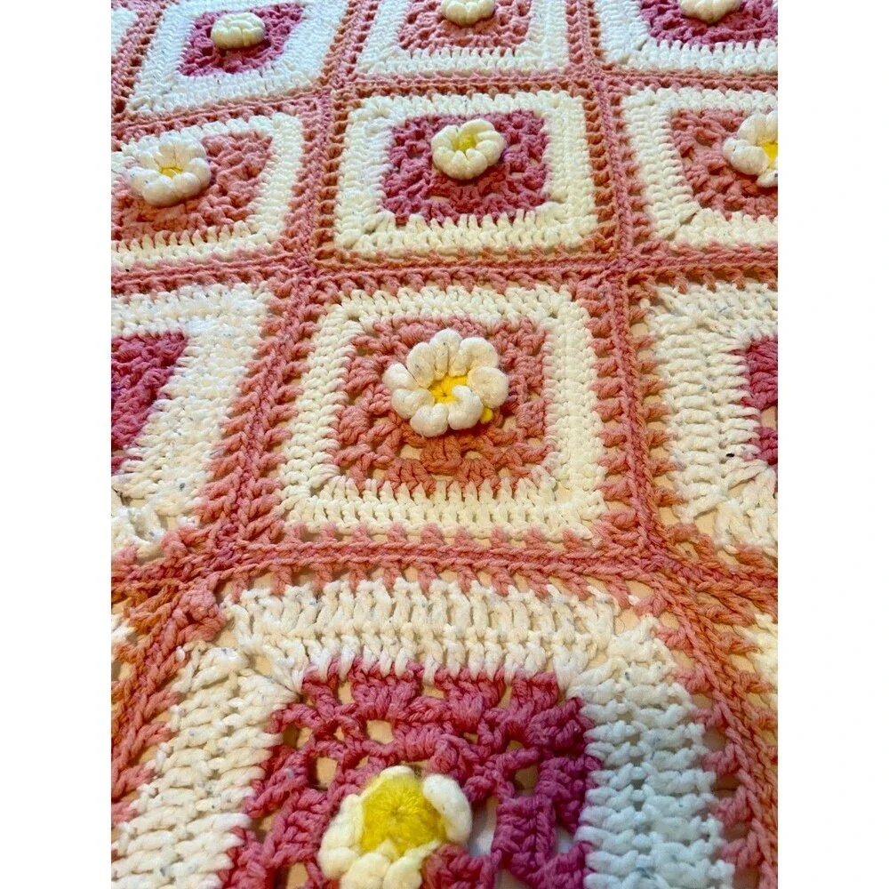 VTG Granny 3D Rose Square Crochet Afghan Blanket Pink White Handmade Flower Yell